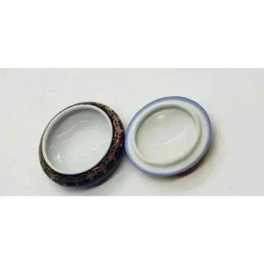 Vintage Limoges France Blue Courting Couple Trinket Pill Box Gold Trim Signed